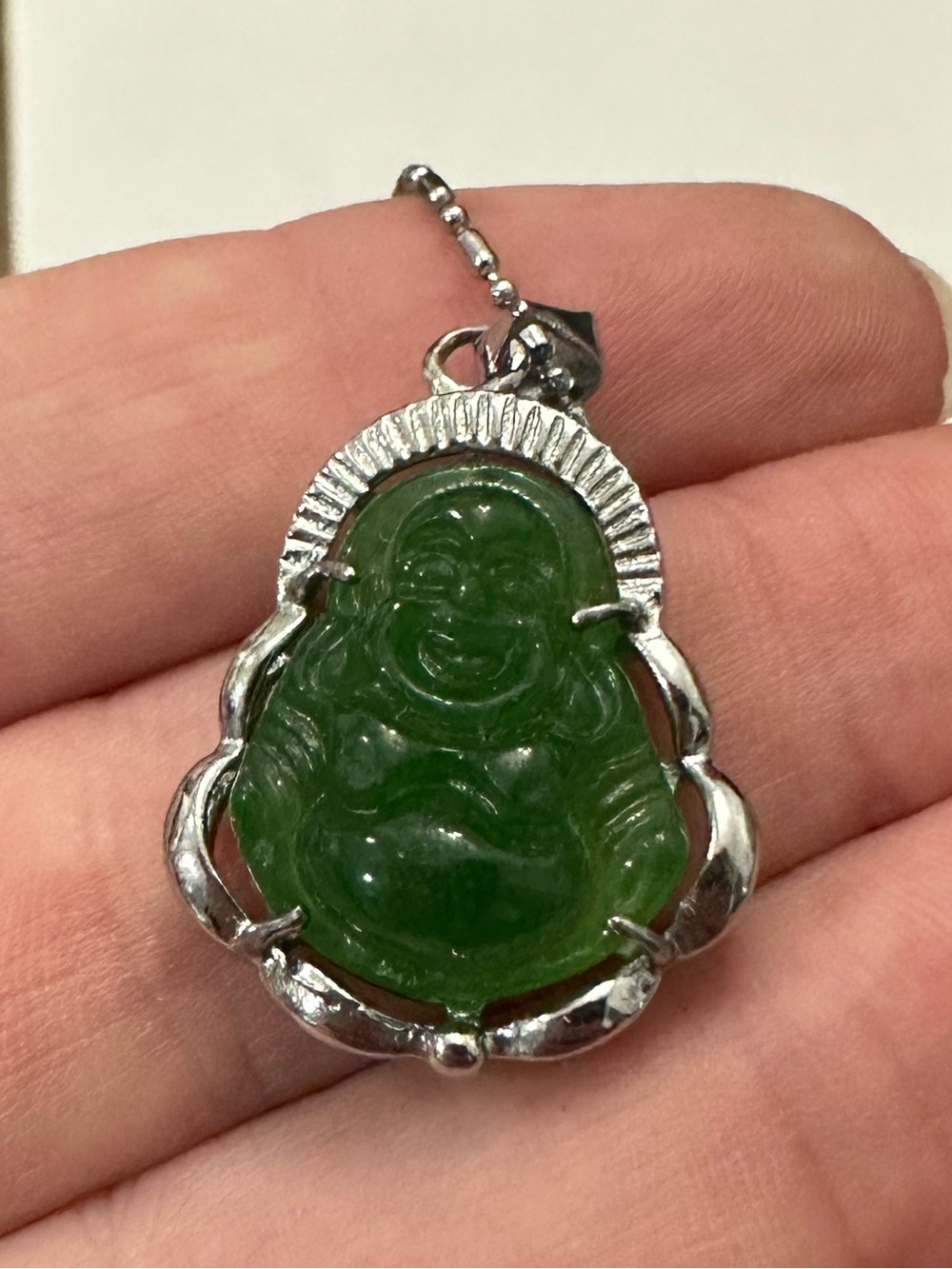 Sterling Silver Necklace with Green Jade Buddha Pendant